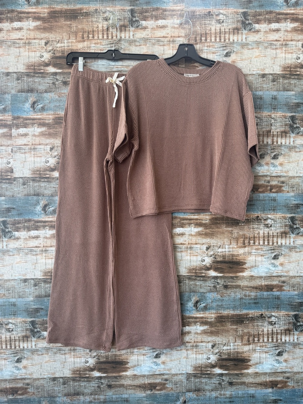 Zenana Outfitters Brown Ribbed Two-Piece Lounge Set
